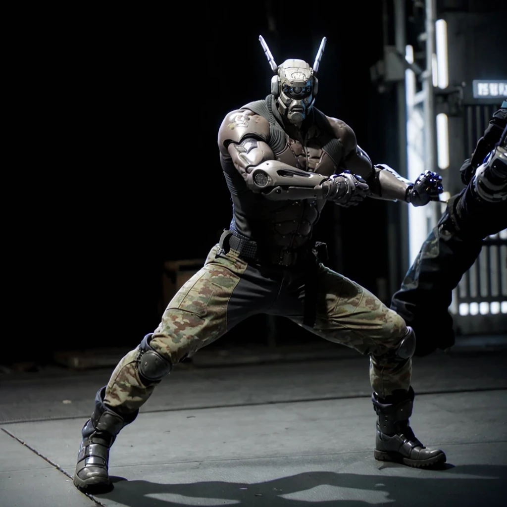 <lora:Briareos001:0.7>,
Briareos,robot,
cyberpunk,
jacket,open jacket,
camouflage pants,
boots,
fighting_stance,