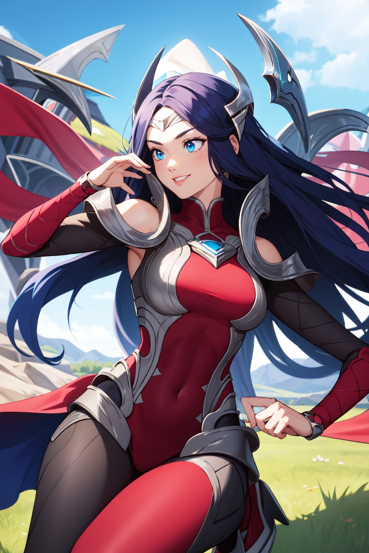 (masterpiece, best quality:1.2), intricate details, <lora:GoodHands-beta2:1>, <lora:lol_irelia1.2-000008:1>, irelia, 1girl, bodysuit, bare shoulders, forehead protector, hair ornament, armor, light smile