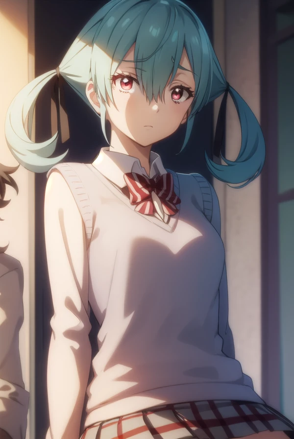 noatakigawa, <lora:noa takigawa s1-lora-nochekaiser:1>,
noa takigawa, (red eyes:1.3), twintails, blue hair, (hair over one eye:1.5),
BREAK shirt, thighhighs, bow, school uniform, pleated skirt, bowtie, zettai ryouiki, plaid, plaid skirt, sweater vest,
BREAK indoors, classroom,
BREAK looking at viewer,
BREAK <lyco:GoodHands-beta2:1>, (masterpiece:1.2), best quality, high resolution, unity 8k wallpaper, (illustration:0.8), (beautiful detailed eyes:1.6), extremely detailed face, perfect lighting, extremely detailed CG, (perfect hands, perfect anatomy),