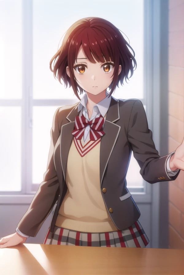 miyabiitou, <lora:miyabi itou s1-lora-nochekaiser:1>,
miyabi itou, short hair, brown hair, (brown eyes:1.3),
BREAK skirt, bow, school uniform, jacket, pleated skirt, plaid, plaid skirt, blazer,
BREAK indoors, classroom,
BREAK looking at viewer,
BREAK <lyco:GoodHands-beta2:1>, (masterpiece:1.2), best quality, high resolution, unity 8k wallpaper, (illustration:0.8), (beautiful detailed eyes:1.6), extremely detailed face, perfect lighting, extremely detailed CG, (perfect hands, perfect anatomy),