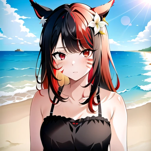 1girl, solo, ryn, summer_glam, beach, red eyes, multicolored hair, black hair, (dark red hair gradient), miqo'te, facial mark, animal ears, cat ears, (head flower:0.8), white flower<lora:Ryn_WoL_4outfits_cycle2:0.6>