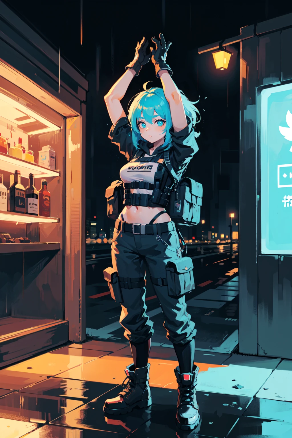 (Standing And Stretching Hands Up, Arms Up), BREAK 18 year old female, hair, cyan eye, lovely medium small breasts, (bulletproof vest, bullet pouch on top of the bulletproof vest, combat pants), hoodie, wearing boots, holster on the thigh, black gloves, BREAK (neon lights), future, cyberpunk, cyberpunk city, graffiti, (rain), , winter, snow, night, night time, dark outside, dark, (best quality, masterpiece:1.1),