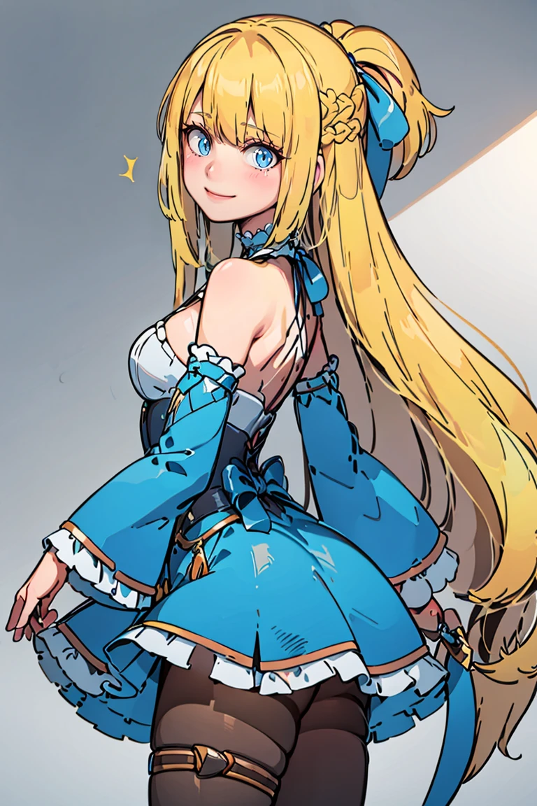 <lora:Diives_Style:0.8>,((masterpiece,best quality)), <lora:Marina_Lucce_Maxetto_OC_v2:0.8>, Marina_Lucce_Maxetto_OC, 1girl, solo, blonde, very long hair, french braid, hair ribbon, frilled choker, criss-cross halter, sleeveless dress, high-waist skirt, backless dress, waist bow, detached sleeves, frilled sleeves, wide sleeves, pantyhose, solo, smiling, looking at viewer, cowboy shot, side view, head tilt,