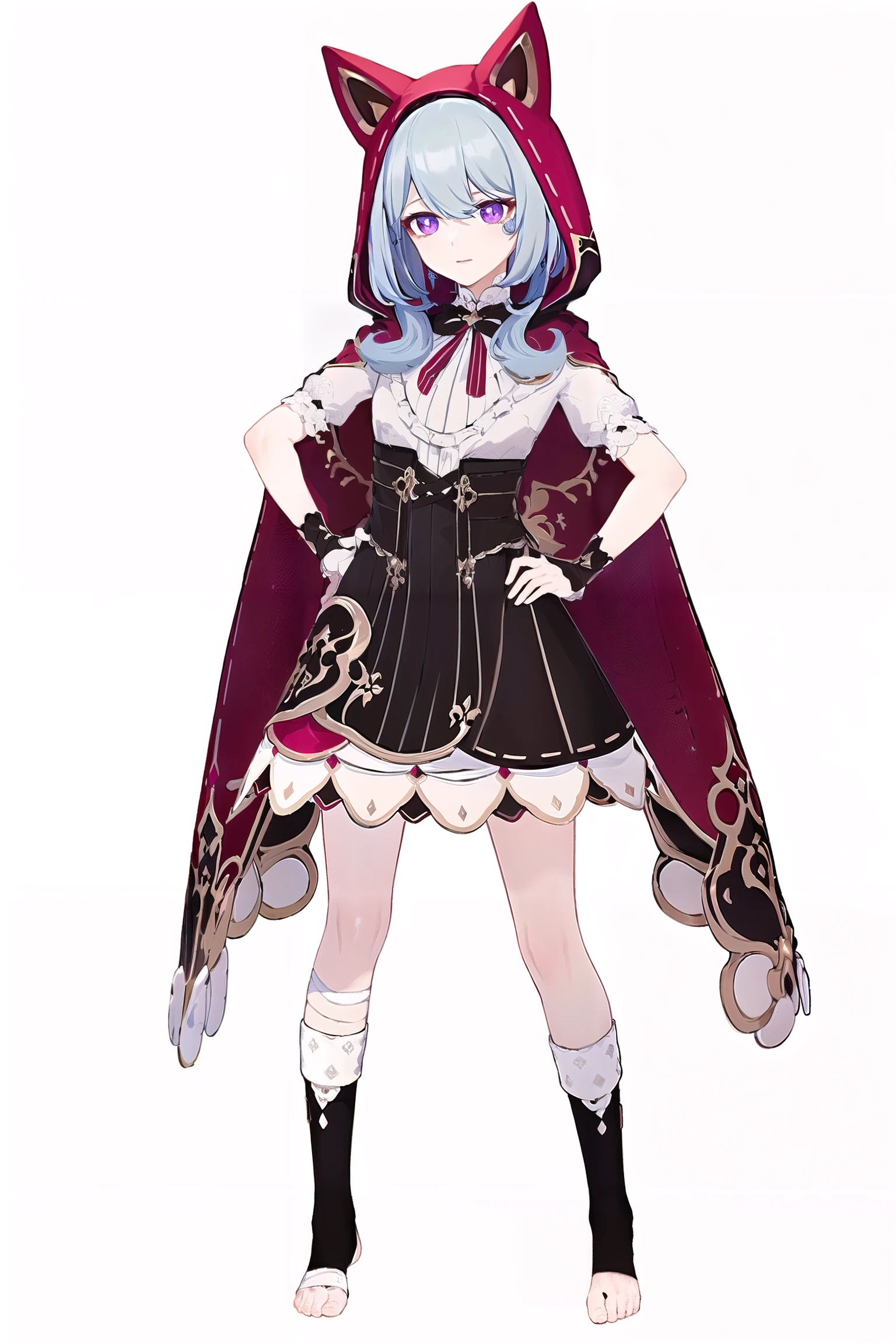 8k, best quality, masterpiece, (ultra-detailed:1.1), (high detailed skin),
(full body:1.2), white background, standing, looking at viewer, (solo:1.4), hand on hip,
<lora:rglx-v100:0.8:lbw=OUTALL>, (rglx:1.2), 1girl, purple eyes, red hood, cat ears hood, dress, cloak,
(white background, simple background:1.5),
(beautiful_face), ((intricate_detail)), clear face,
((finely_detailed)), fine_fabric_emphasis,
((glossy)), full_shot,