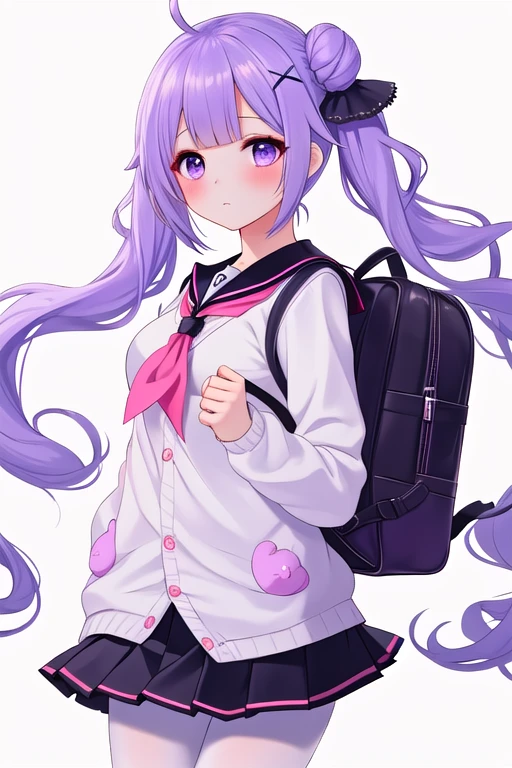 best quality, masterpiece, highres, solo, {yunikoon:1.15}, purple_hair, long_hair, unicorn_\(azur_lane\), purple_eyes, bangs, ahoge, blush, very_long_hair, ribbon, hair_bun, single_hair_bun, hair_ribbon, one_side_up, single_side_bun, stuffed_toy, breasts, 1girl, backpack, bag, cardigan, hair_ornament, long_sleeves, looking_at_viewer, low_twintails, neckerchief, pantyhose, pleated_skirt, sailor_collar, school_uniform, scrunchie, serafuku, simple_background, skirt, twintails, white_cardigan, white_pantyhose, x_hair_ornament, black_skirt, hair_scrunchie, white_background, pink_neckerchief