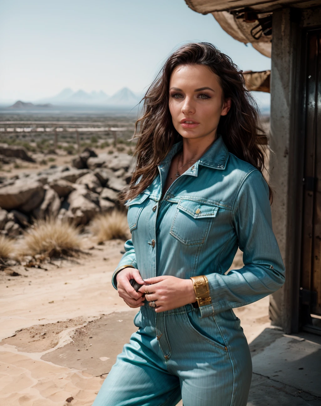 cinematic photo , raw, realistic, style raw, <lora:quiron_AlektraBlue_v2_lora:0.77> AlektraBlueQuiron woman Dressed in the (style of Dreamlike Explorer gilded outfit Light Mint Denim jumpsuit) (with Windswept Plateau in the background ), Twirling hair with fingers, . 35mm photograph, film, bokeh, professional, 4k, highly detailed
