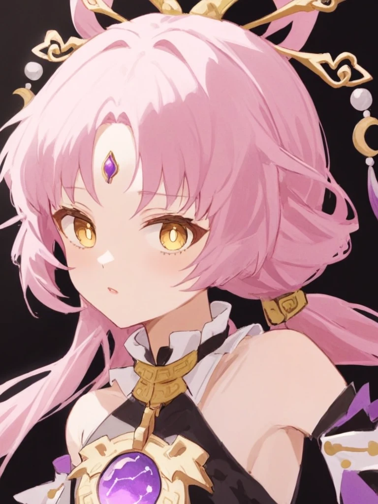 <lora:fuxuan2:1>,
1girl,solo,pink_hair,looking_at_viewer,simple_background,bangs,yellow_eyes,long_hair,ahoge,bare_shoulders,cosplay,detached_sleeves,hair_ornament,parted_lips,forehead_mark,black_background,upper_body,forehead_jewel,