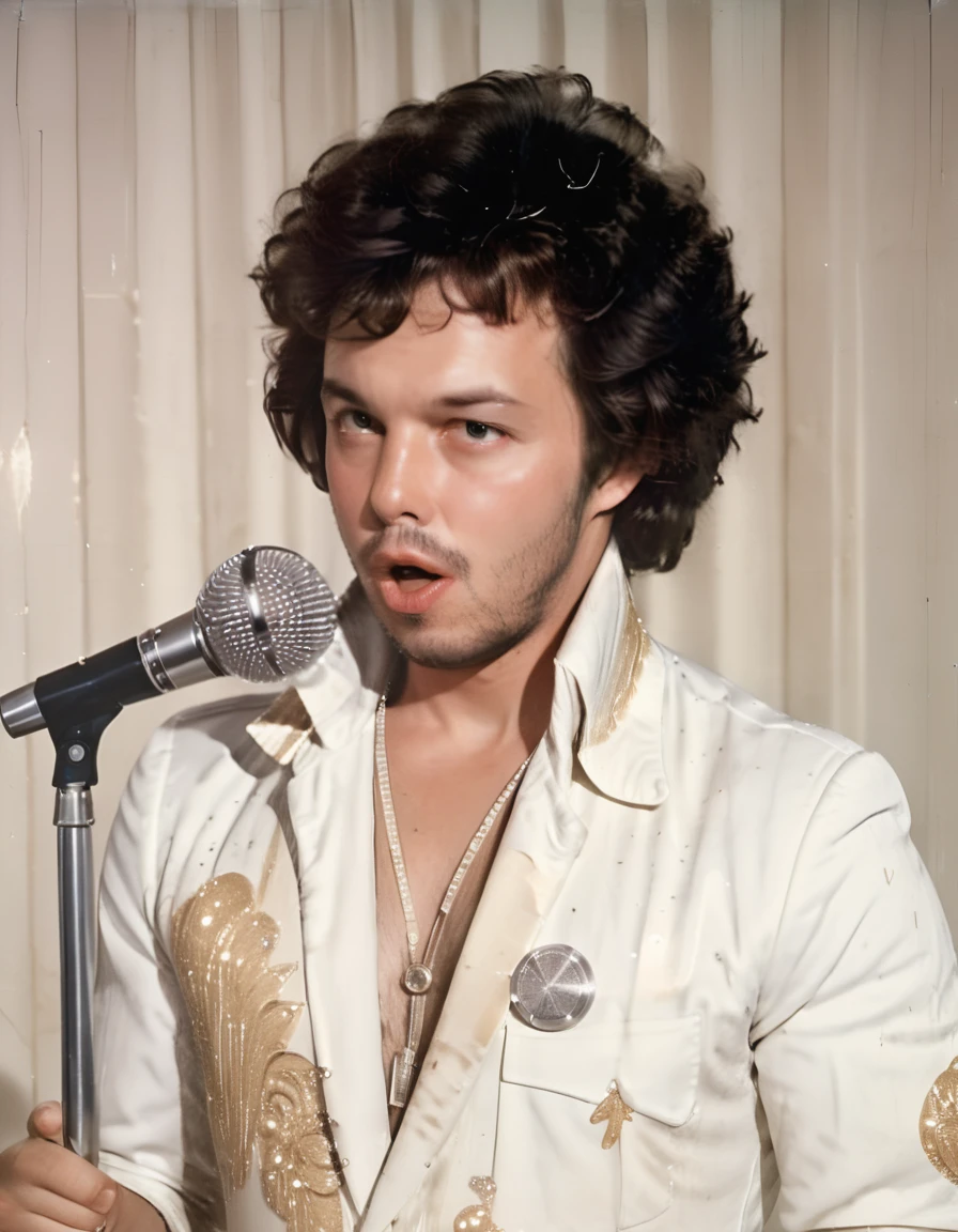 Faded Polaroid Photo of <lora:Booger:1> a drunk man wearing a white 70s Vegas style jumpsuit is belching into a microphone, analog, old faded photo, old polaroid