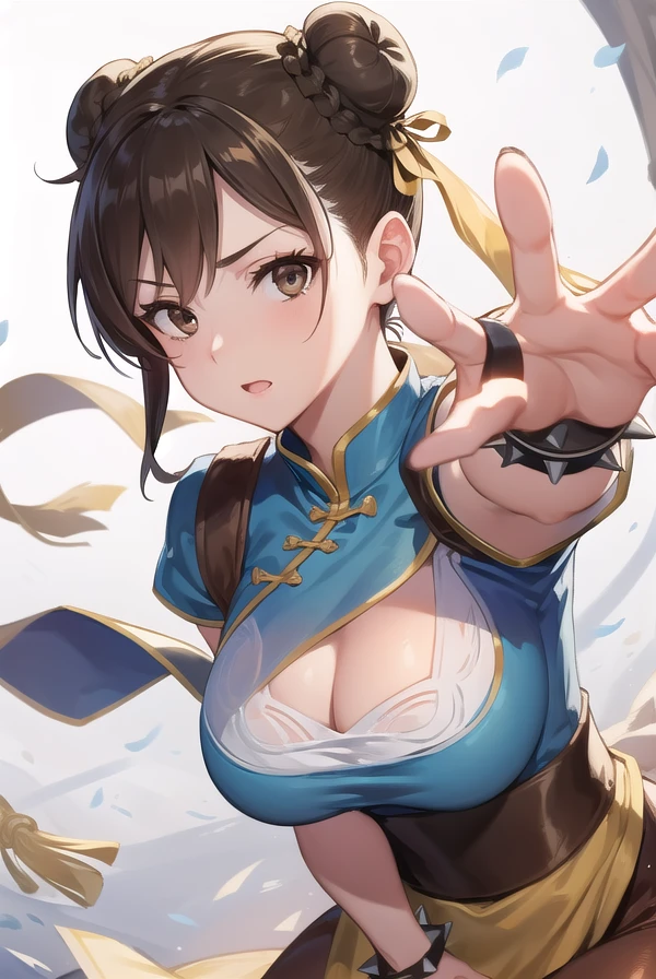 chunli, <lora:chun li v2-lora-nochekaiser:1>,
chun li, (brown eyes:1.7), brown hair, (bun cover:1.5), double bun, eyeliner, hair bun, lipstick, makeup, pink lips,
BREAK blue dress, boots, bracelet, brown pantyhose, china dress, chinese clothes, cross-laced footwear, dress, gold trim, jewelry, pantyhose, pelvic curtain, puffy sleeves, sash, short sleeves, side slit, spiked bracelet, spikes, white footwear,
BREAK outdoors,
BREAK looking at viewer, full body,
BREAK <lyco:GoodHands-beta2:1>, (masterpiece:1.2), best quality, high resolution, unity 8k wallpaper, (illustration:0.8), (beautiful detailed eyes:1.6), extremely detailed face, perfect lighting, extremely detailed CG, (perfect hands, perfect anatomy),