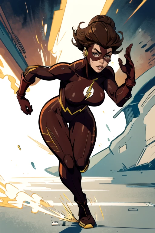 masterpiece,best quality,extreme detail,8k,image sharpness,<lora:flash-20:0.6>,flashwoman,1girl,solo,breasts,looking at viewer,brown hair,gloves,lips,bodysuit,mask,animification,full body,standing pose,(curvy),running,