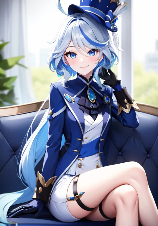 <lora:furina:0.6>furina, 1girl, solo, long hair, looking at viewer, smile, bangs, blue eyes, gloves, long sleeves, hat, jewelry, sitting, closed mouth, blue hair, jacket, ahoge, white hair, multicolored hair, shorts, black gloves, indoors, blurry, streaked hair, blurry background, crossed legs, blue jacket, brooch, couch, blue headwear, top hat, on couch