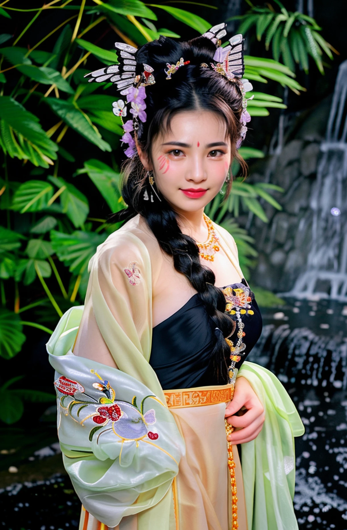 bdsm, (from front),photo of (a 18 year-old Chinese woman:1.2) wearing Detailed embroidered (see-through) (Hanfu:1.2) from r/nakedhanfu,(best aesthetic:1.2) and (best quality:1.2) and (photorealistic:1.4) and (Realistic:1.4) and Detailed Skin Textures and detailed skin pores and high skin detail,standing,(arms behind back),long sleeves,<lora:naked hanfuV1:0.7>, <lora:LCM_LoRA_Weights_SD15å éå¨:0.7>,hair bun and single braid,(Detailed facial features),Look at the audience and Seducing the audience and smiling,makeup,red lips,(looking at viewer and facing viewer) (wearing Detailed hair ornament and Detailed beads,Detailed hair flower,wearing Detailed jewelry,earrings,necklace,(facial mark:1.2),(forehead mark:1.2),(butterfly hair ornament),hair ribbon,flowers,<lyco:film grainV3:0.4> (There is a magnificent waterfall background behind her),water,water reflects sunlight, <lora:detail_slider_v4:1>,<lora:å¢å ç實æepiCRealLife:1>