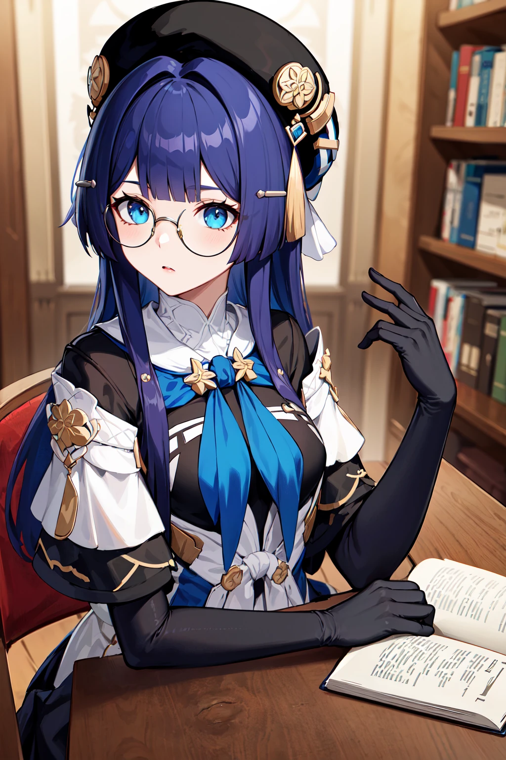 masterpiece, best quality, highres, aapela, long hair, hat, black headwear, hair ornament, glasses, blue neckerchief, dress, elbow gloves, black gloves, pleated skirt, black skirt, black pantyhose, <lora:pela_v1:0.7>, library, sitting, book, upper body,