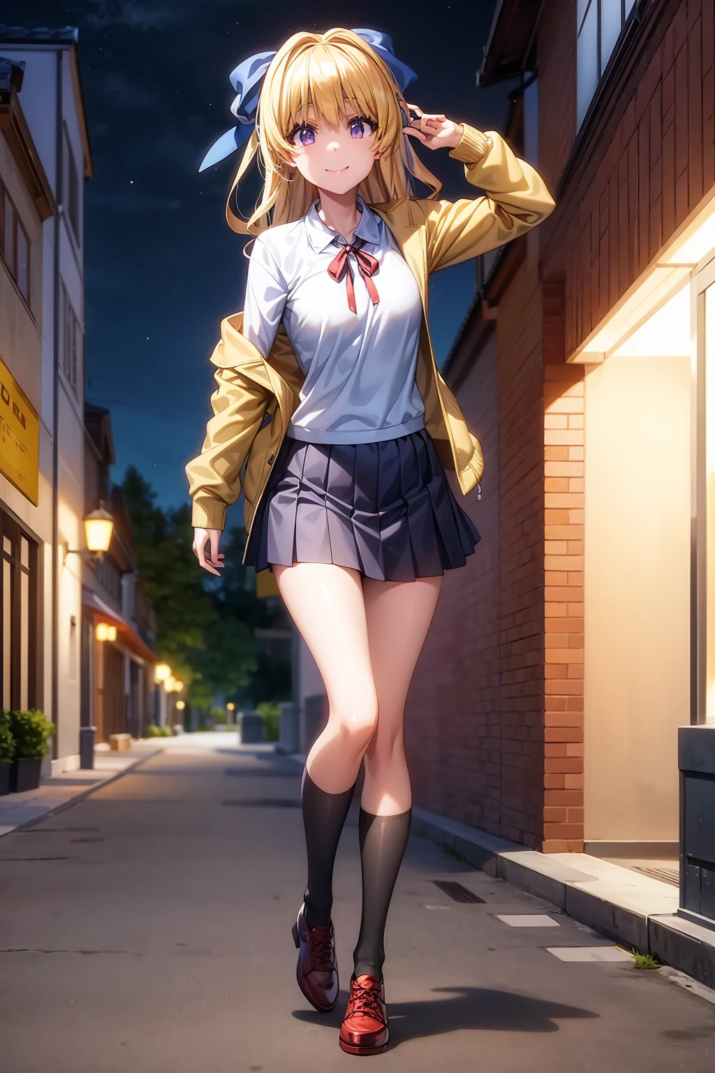 masterpiece, best quality, 1girl, solo, long hair, looking at viewer, closed mouth, smile, blonde hair, purple eyes, hair bow, night, blue bow, rista_ristarte, black legwear, black skirt, neck ribbon, outdoors, pleated skirt, red footwear, red ribbon, ribbon, school uniform, shirt, shoes, skirt, socks, solo, white shirt, yellow jacket,