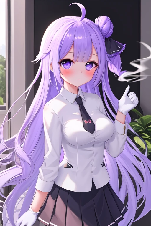best quality, masterpiece, highres, solo, {black business suit:1.40}, {tie:1.20}, {sunglasses:1.25}, {white gloves:1.15}, {white shirt:1.10}, {black skirt:1.15}, {smoking:1.20}, handsome, {yunikoon:1.15}, purple_hair, long_hair, unicorn_\(azur_lane\), purple_eyes, bangs, ahoge, blush, very_long_hair, ribbon, hair_bun, single_hair_bun, hair_ribbon, one_side_up, single_side_bun, stuffed_toy, breasts