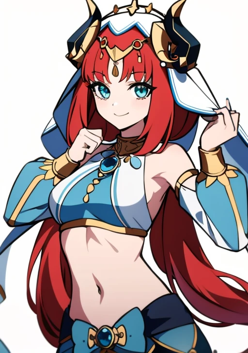 <lora:nilou:0.7>,1girl, solo, long hair, breasts, looking at viewer, smile, bangs, skirt, simple background, long sleeves, white background, bow, navel, bare shoulders, twintails, jewelry, medium breasts, closed mouth, red hair, detached sleeves, horns, midriff, puffy sleeves, stomach, nail polish, aqua eyes, blue skirt, crop top, parted bangs, low twintails, blue bow, brooch, gem, veil, puffy long sleeves, blue nails, gold trim, circlet, fake horns, bracer, neck ring, blue gemstone, dancer, harem outfit