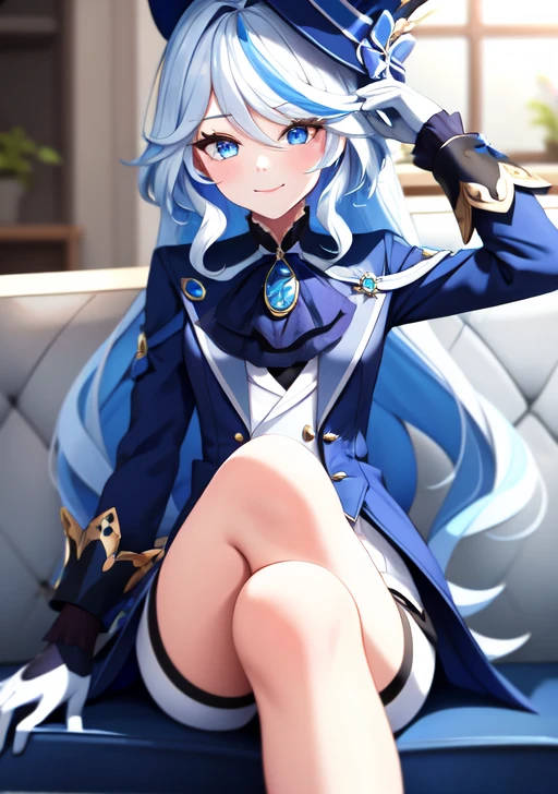 <lora:furina:0.6>furina, 1girl, solo, long hair, looking at viewer, smile, bangs, blue eyes, gloves, long sleeves, hat, jewelry, sitting, closed mouth, blue hair, jacket, ahoge, white hair, multicolored hair, shorts, black gloves, indoors, blurry, streaked hair, blurry background, crossed legs, blue jacket, brooch, couch, blue headwear, top hat, on couch