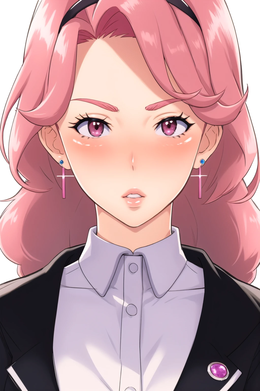 1girl, solo, looking at viewer, blush, jewelry, hairband, earrings, parted lips, pink hair, portrait
<lora:mosquitoman:0.7>