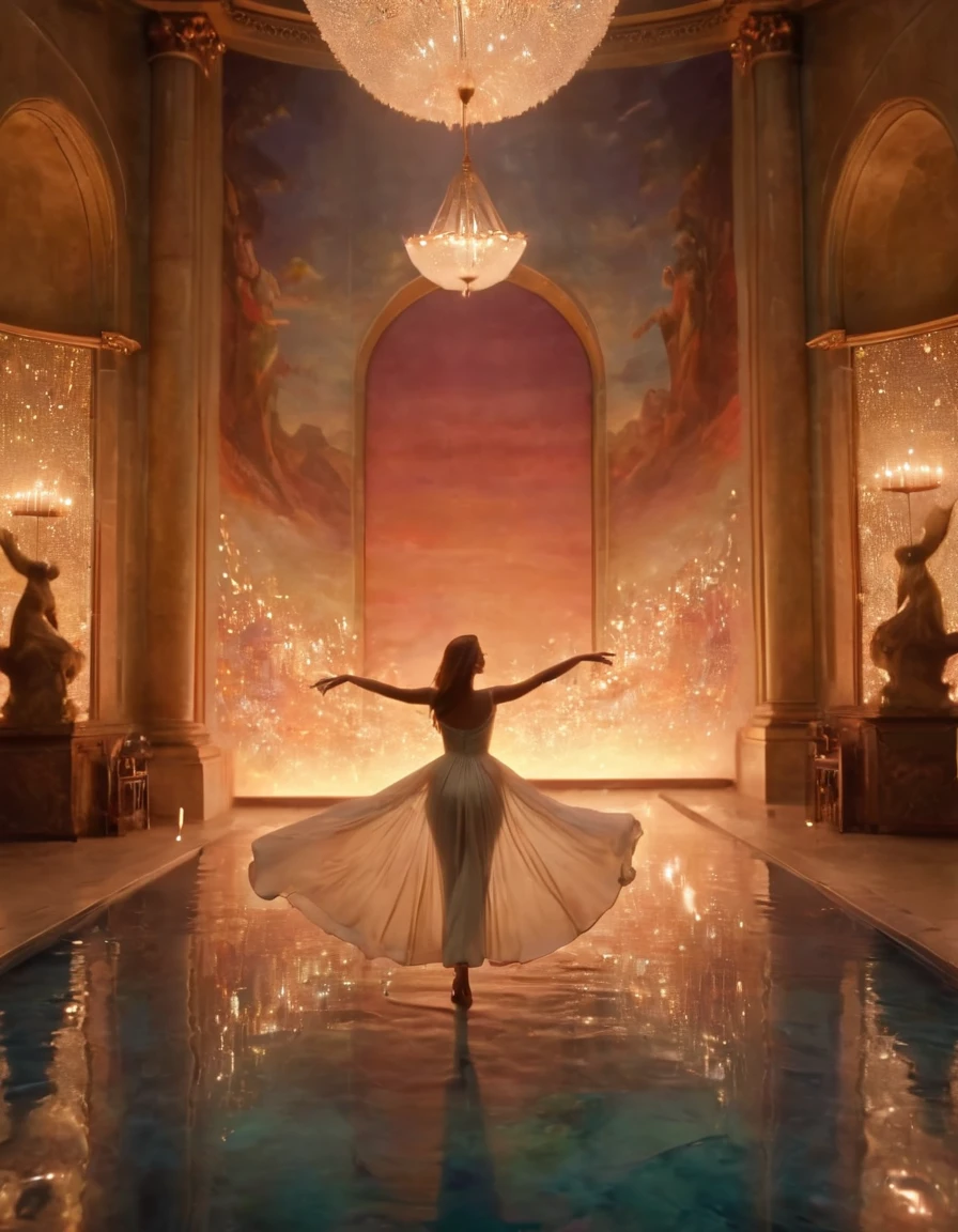 In the heart of an artist's imaginative world, graceful and ethereal, the aatatmvkf woman floated with elegant ease through a magnificent gallery illuminated by shimmering candlelight, captivating every eye as her alluring beauty blended seamlessly with the vibrant hues of masterpieces that adorned the walls, igniting a profound sense of awe and wonder in all who beheld this breathtaking scene. cinematic, 8k <lora:aatatmvkf01:1>