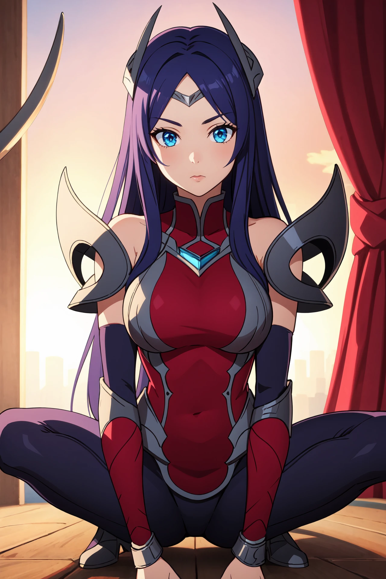 (masterpiece, best quality:1.2), intricate details, <lora:GoodHands-beta2:1>, <lora:lol_irelia1.2-000008:1>, irelia, 1girl, bodysuit, bare shoulders, forehead protector, hair ornament, armor