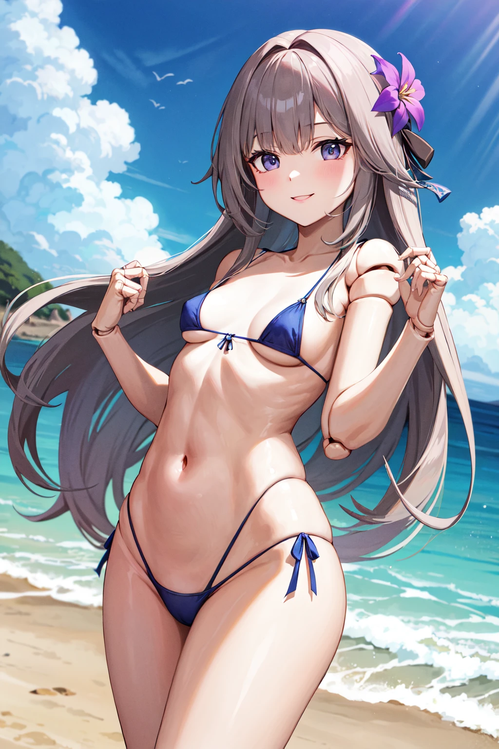 masterpiece, best quality, highres, aaherta, long hair, grey hair, hair flower, joints, <lora:herta_v1:0.7>, small breasts, standing, micro bikini, beach, smile,