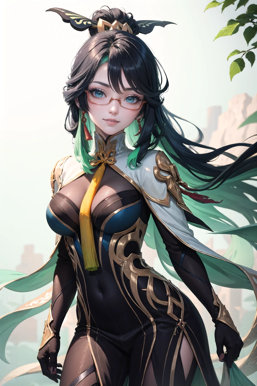 gixianyun, <lora:wrenchgixianyun:0.8>, 1girl, makeup, solo, light smile, pelvic curtain, green eyes,