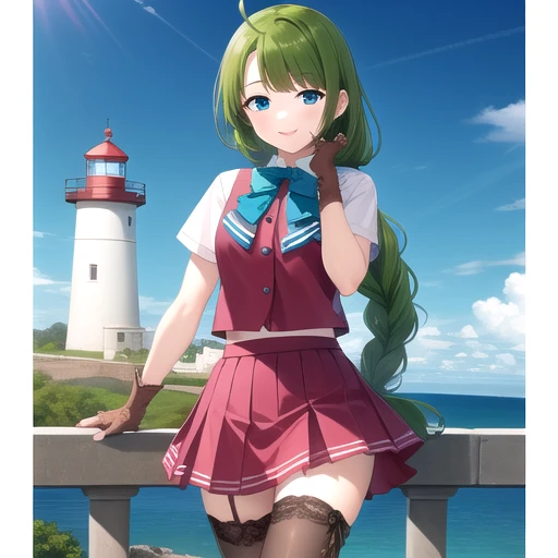 ((masterpiece)),(best quality),official art,extremely detailed CG,unity 8k wallpaper,ultra detailed,A lighthouse on a cliff by the sea,1girl,solo,cowboy shot,looking at viewer,very_long_hair,single_braid,green_hair,pleated_skirt,purple_skirt,short_sleeves,mole_under_mouth,vest,grey_thighhighs,school_uniform,white_shirt,aqua_bow,fingerless_gloves,aqua_bowtie,ahoge,cross-laced_footwear,lace-up_boots,blue_eyes,blouse,brown_gloves,smile,<lora:Yuugumo(kan)>,