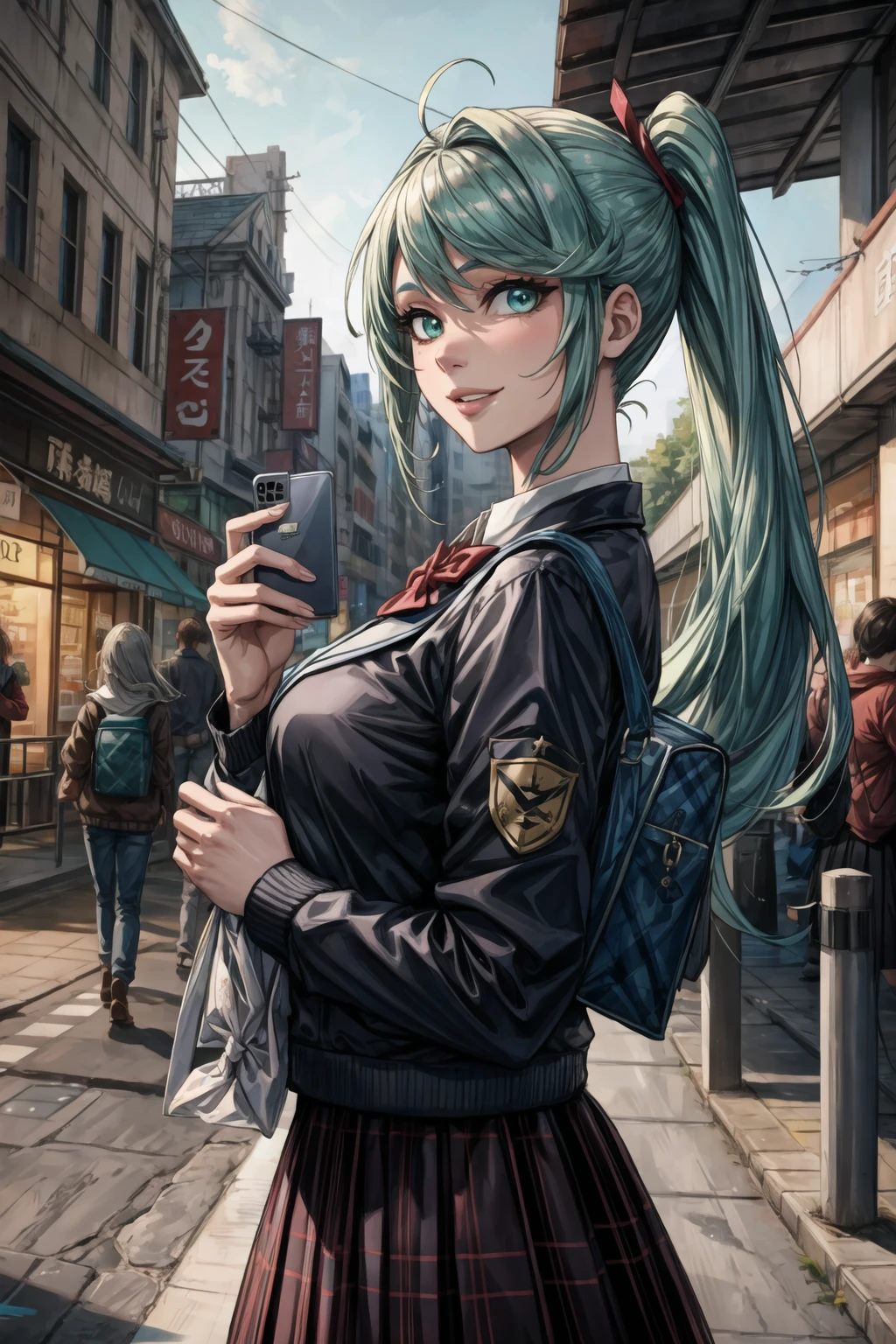 masterpice, best quality, (absurdres), subsurface scattering, 1girl, solo, EPxbcPneuma, <lora:EPxbcPneuma:0.7>, (beautiful face), (looking at viewer:1.1), full lips, green_hair, long_hair, large_breasts,
BREAK
detailed background, artistic lighting,
BREAK
bomber_jacket, smartphone, smile, school_uniform, shopping, mall, symmetry, holding_bag, school_bag, town, japanese architecture, day, selfie, taking_picture,