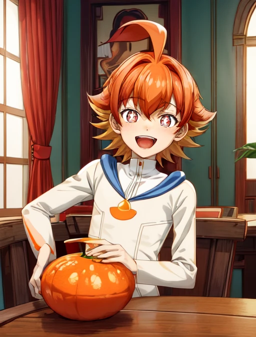 best quality, masterpiece, highres, detailed, digital illustration, <lora:Tools - add_detail:0.2>, Damamu,, (three-tone hair, red hair, orange hair, blonde hair, short hair), 1boy, white bodysuit, star-shaped pupils, laughing, indoors, table, <lora:Damamu-10:1>