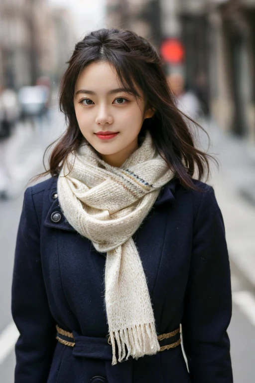 1girl, realistic, ((Masterpiece, best quality,edgQuality)), smug,smirk, edgADC_fashion, a woman with a scarf on is walking down the street ,wearing edgADC,