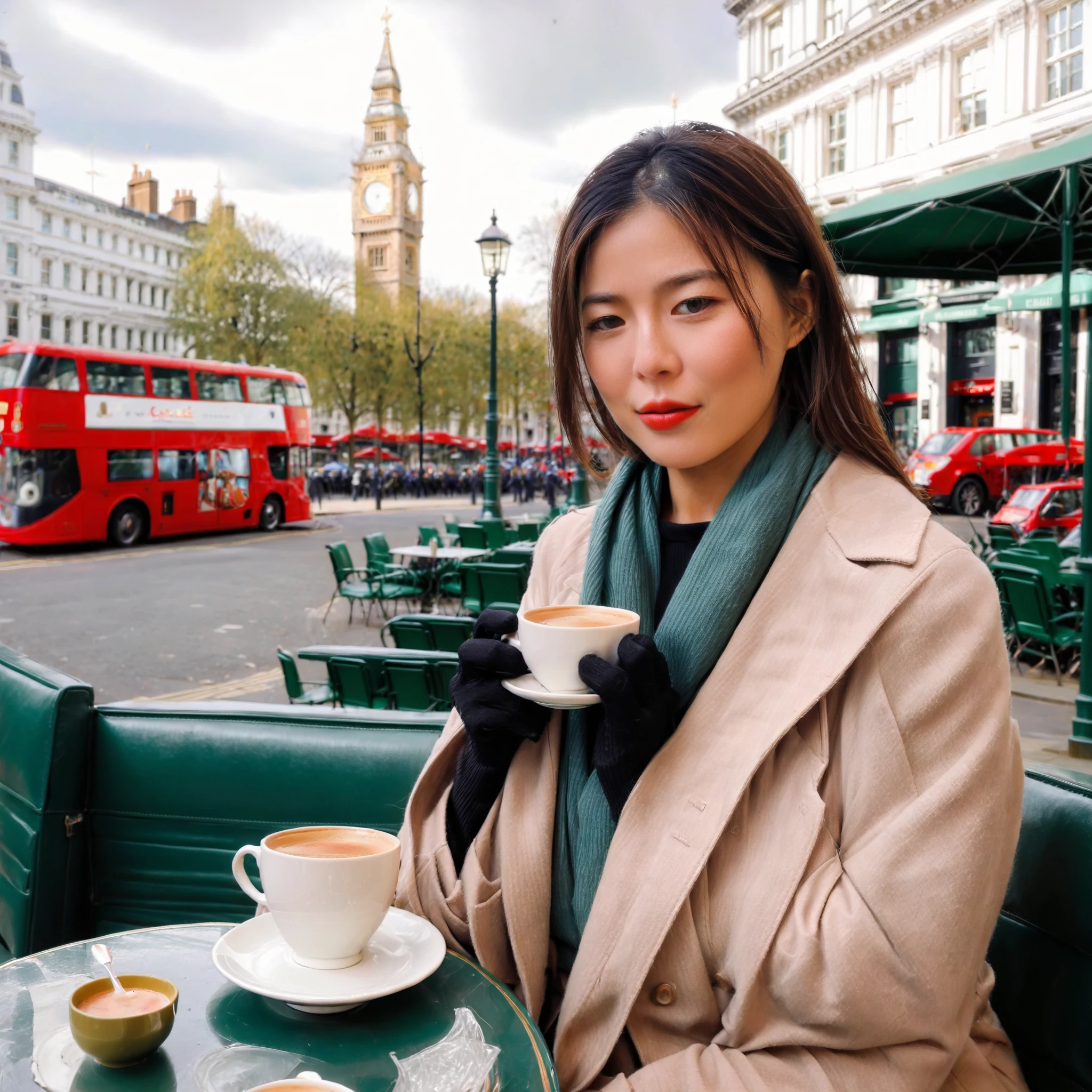 Asian,masterpiece of analog film photograph ,Generate an image of a stylish young woman in fashionable winter clothing, sitting at a street café in London, sipping coffee. Emphasize a realistic style, capturing the cozy ambiance of the café and the bustling city background. Highlight her trendy winter attire, featuring a chic coat, scarf, and gloves, along with her relaxed, content expression as she enjoys her coffee, immersed in the urban charm of London, <lora:twada-000018:0.65>,close Mouth