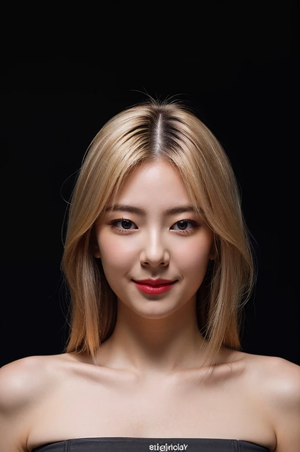 Best quality, masterpiece, ultra high res, (photorealistic:1.4), (extremely detailed eyes), (((strapless))), raw photo, covered chest, 1girl, solo, realistic, (looking at viewer), upper body, ((plain black background:1.5)), (face lighting:1.5), bare shoulders, smile, (((long blonde hair))), <lora:lialorashy:0.7>