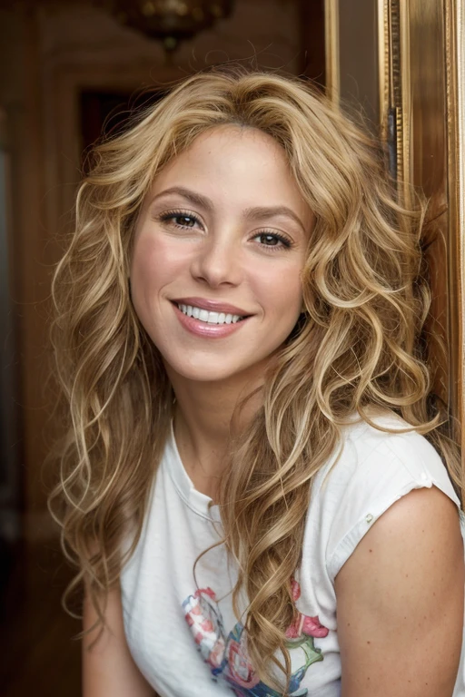 masterpiece, best quality, cinematic, volumetric lighting, very detailed, high resolution, sharp, sharp image, 4k, 8k, 35 mm,
<lora:Shakira_smf_lora_v01-000005:0.9>, 1girl, s84k1r4y0-smf, realistic, solo, smile, blonde hair, long hair, brown eyes, lips, grin, shirt, upper body, medium teeth, curly hair