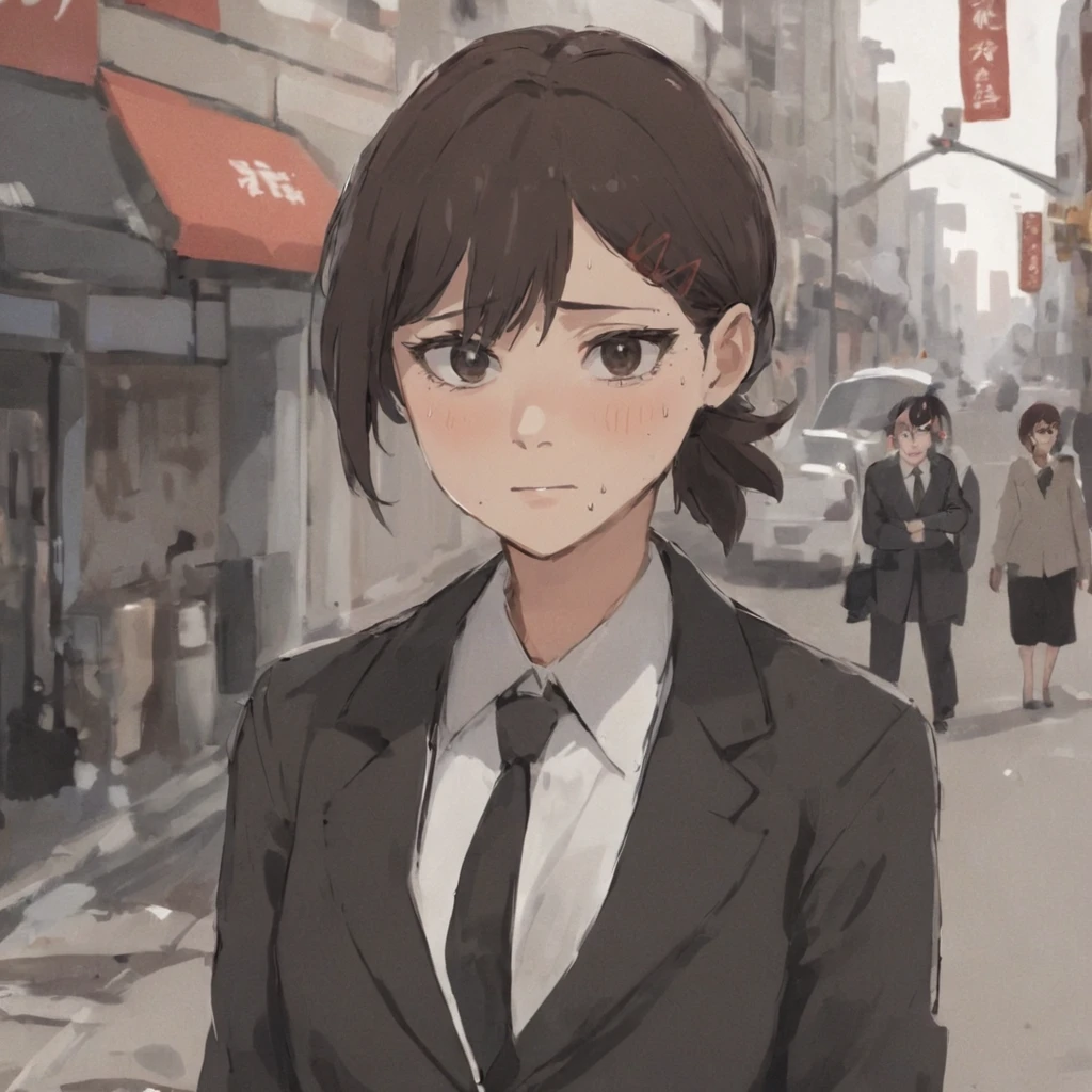 A masterpiece anime professional illustration of a woman named Higashiyama Kobeni on street wearing suit, closeup portrait, mole <lora:kobeni_xl-000012:1>
