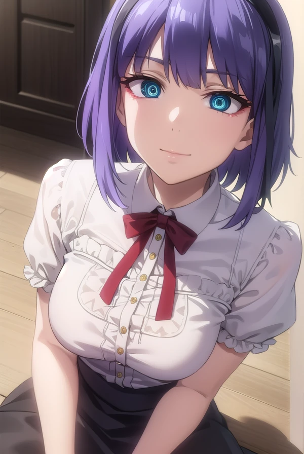 hotarushidare, <lora:hotaru shidare s2-lora-nochekaiser:1>,
hotaru shidare, short hair, blue eyes, hair ornament, purple hair, flower, hairband, hair flower, (ringed eyes:1.5), smile,
BREAK skirt, pantyhose, high heels, black pantyhose, high-waist skirt, shirt, frilled shirt, bowtie, red bowtie, puffy sleeves, short sleeves, white shirt,
BREAK outdoors,
BREAK looking at viewer,
BREAK <lyco:GoodHands-beta2:1>, (masterpiece:1.2), best quality, high resolution, unity 8k wallpaper, (illustration:0.8), (beautiful detailed eyes:1.6), extremely detailed face, perfect lighting, extremely detailed CG, (perfect hands, perfect anatomy),