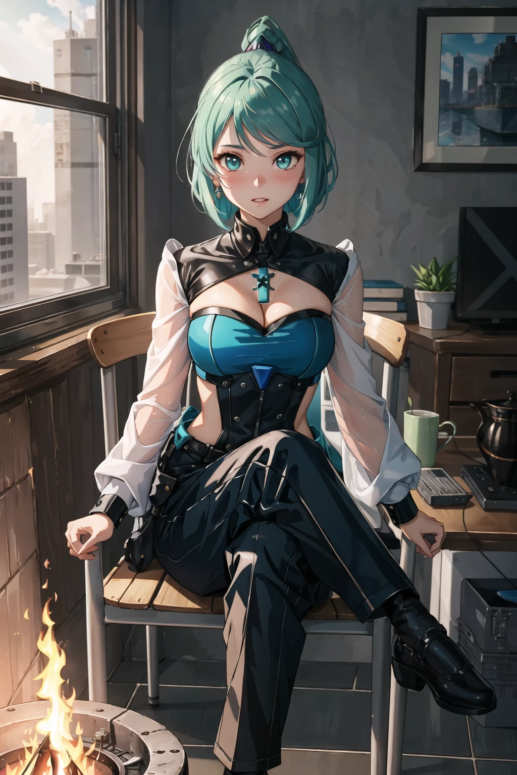 masterpice, best quality, (absurdres), subsurface scattering, 1girl, solo, EPxbcPneuma, <lora:EPxbcPneuma:0.7>, (beautiful face), (looking at viewer:1.1), full lips,
BREAK
(embarrassed, full face blush), detailed background, artistic lighting,
BREAK
Animal print bandeau top and paperbag waist pants, sitting, warp core reactor facility, lost scroll,compass,chair,teleportation device, ceramic tiles, bonfire, footlighting, steampunk, sci-fi, sfw, sharp focus,
