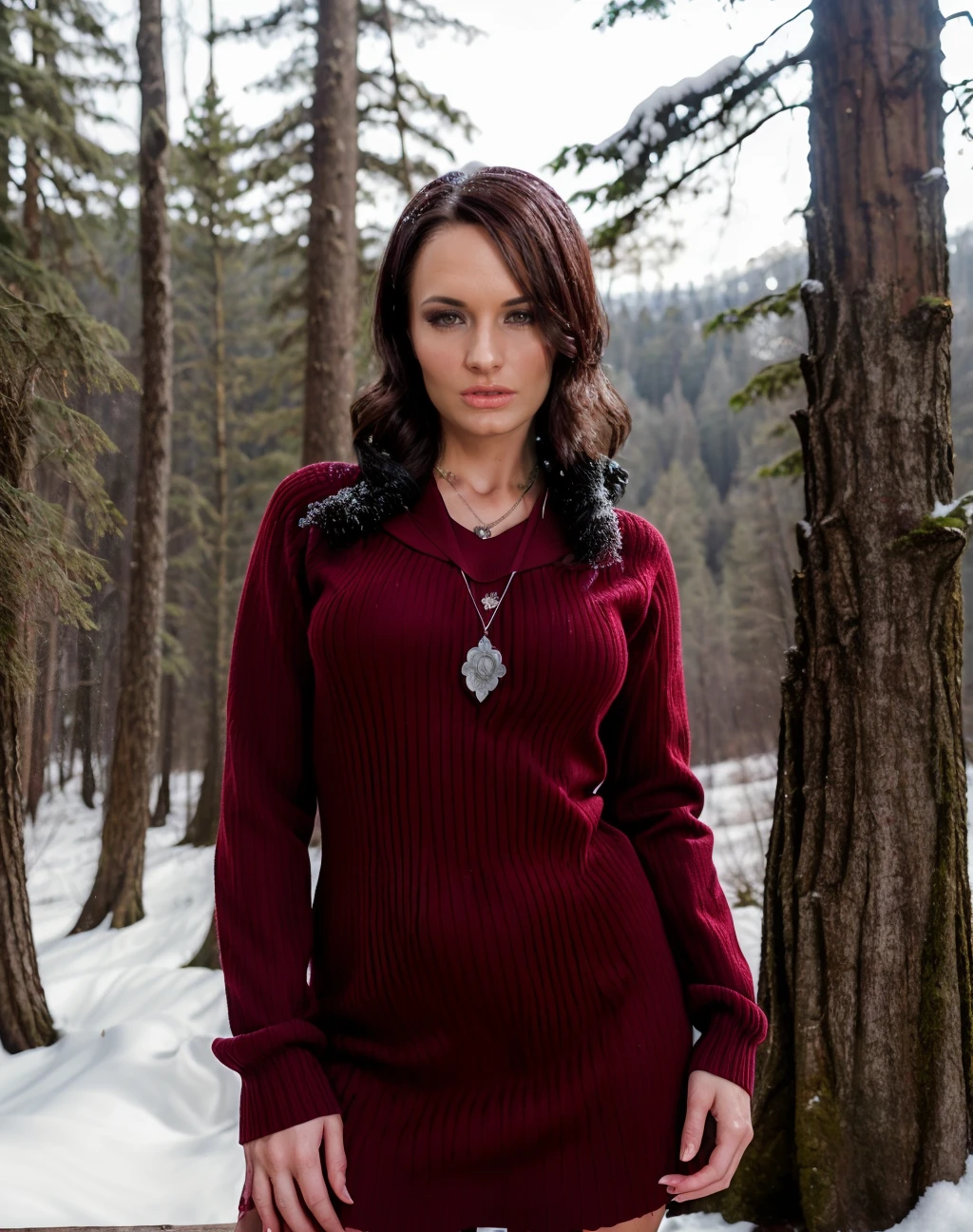 cinematic photo , raw,  realistic, style raw, <lora:quiron_AlektraBlue_v2_lora:0.77> AlektraBlueQuiron woman Dressed in the (style of Art Nouveau Ranger  conservative outfit fully clothed  Minimalist Burgundy Jumper dress) (with Snow-covered Forest in the background ),  Posing as if painting a picture,     . 35mm photograph, film, bokeh, professional, 4k, highly detailed