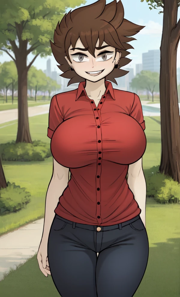 1girl, Brown hait, solo, short hair, large breast, shirt, red shirt,pants, earrings,spiked hair,grey eyes , collared shirt, park, smile, evil smile, standing,  <lora:Cala:1>