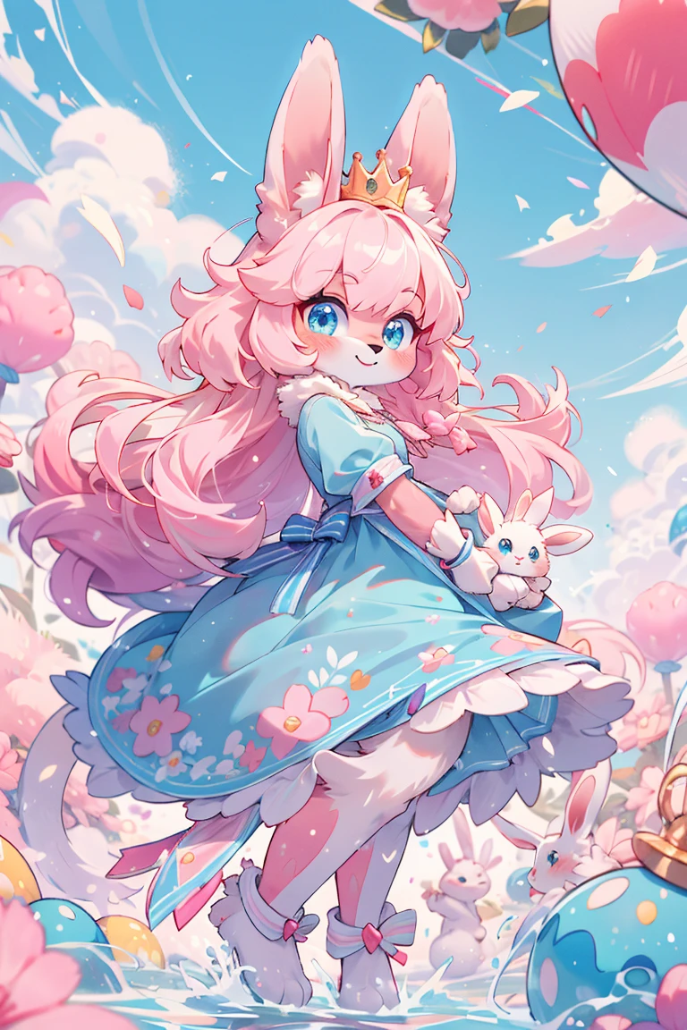 (best fluffy hands:0.7),From front, full body,best quality,( masterpiece,ultra detailed 8k art),Fluffy body,Fluffy,(anthro),focus furry rabbit 1 girl, (Close up 1 girl:0.7),smile,pink rabbit ears,blue eyes, princess, sky blue dress, pink to magenta gradation curly long hair