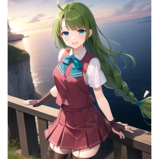 ((masterpiece)),(best quality),official art,extremely detailed CG,unity 8k wallpaper,ultra detailed,A lighthouse on a cliff by the sea,1girl,solo,cowboy shot,looking at viewer,very_long_hair,single_braid,green_hair,pleated_skirt,purple_skirt,short_sleeves,mole_under_mouth,vest,grey_thighhighs,school_uniform,white_shirt,aqua_bow,fingerless_gloves,aqua_bowtie,ahoge,cross-laced_footwear,lace-up_boots,blue_eyes,blouse,brown_gloves,smile,<lora:Yuugumo(kan)>,