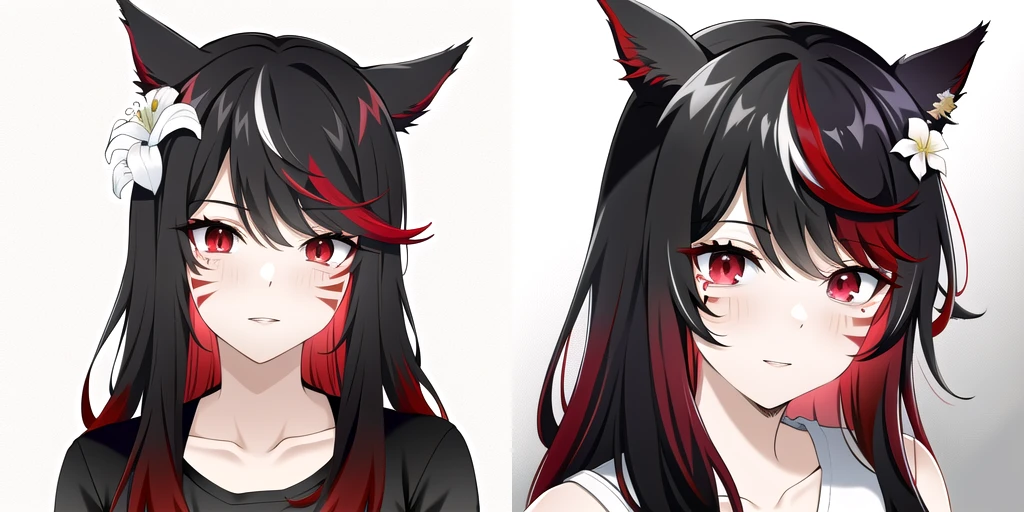 ryn, casual_glam, red eyes, multicolored hair, black hair, (dark red hair gradient), miqo'te, facial mark, animal ears, cat ears, head flower, white flower<lora:Ryn_WoL_4outfits_var2:0.6>