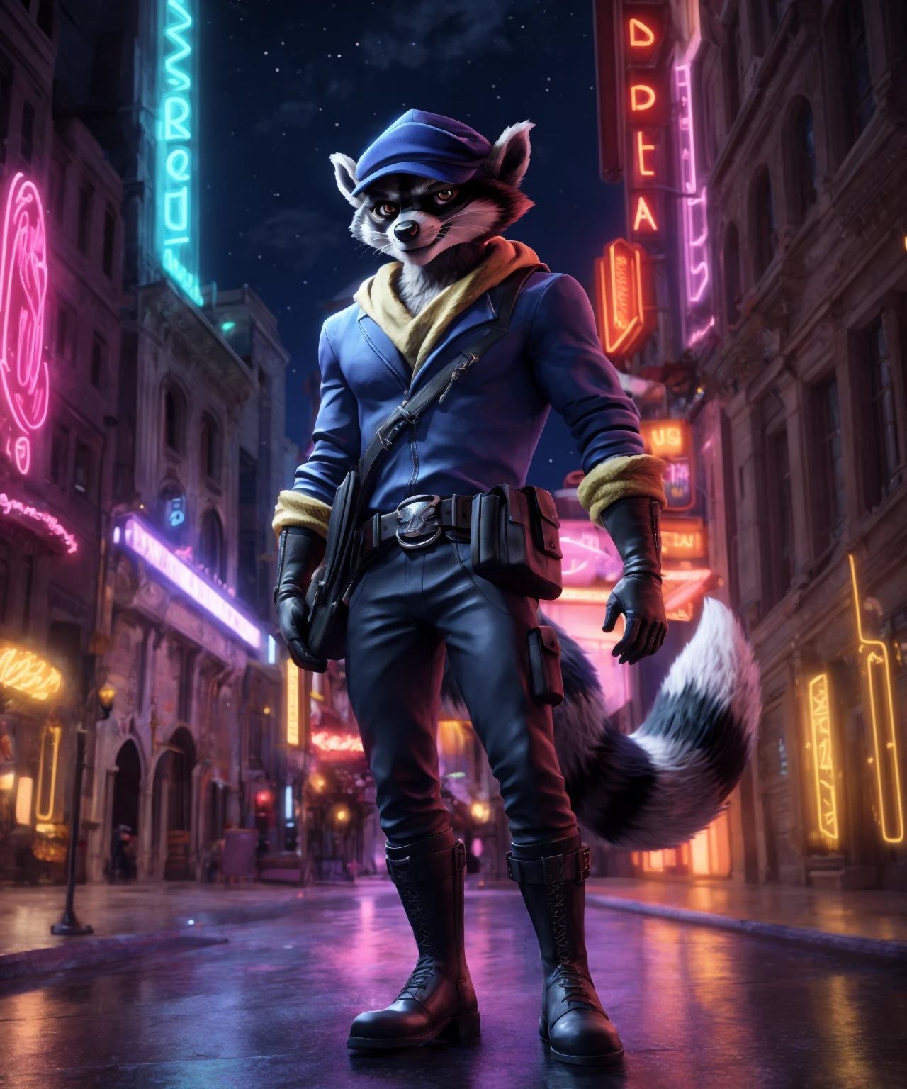 sly cooper, raccoon, raccoon tail, belt, belt bag, grey fur, grey body, solo, male, brown eyes, (blue and yellow topwear, blue jacket), blue cap, gray pants, black gloves, black boots, front view, raised tail, cityscape, city background, neon lights, night, <lora:Sly Cooper (Movie Version)_V1 - FRLione27nO_-step00002600:0.8>
BREAK
by Harry Clarke
by Leonid Afremov
(masterpiece, best quality, ultra realistic, 4k, 2k, (intricate:1.1), (high detail:1.2),
(3d \(artwork\):1.15), blender \(software\), soft focus, ray tracing, (unreal engine:1.3), absurd res)