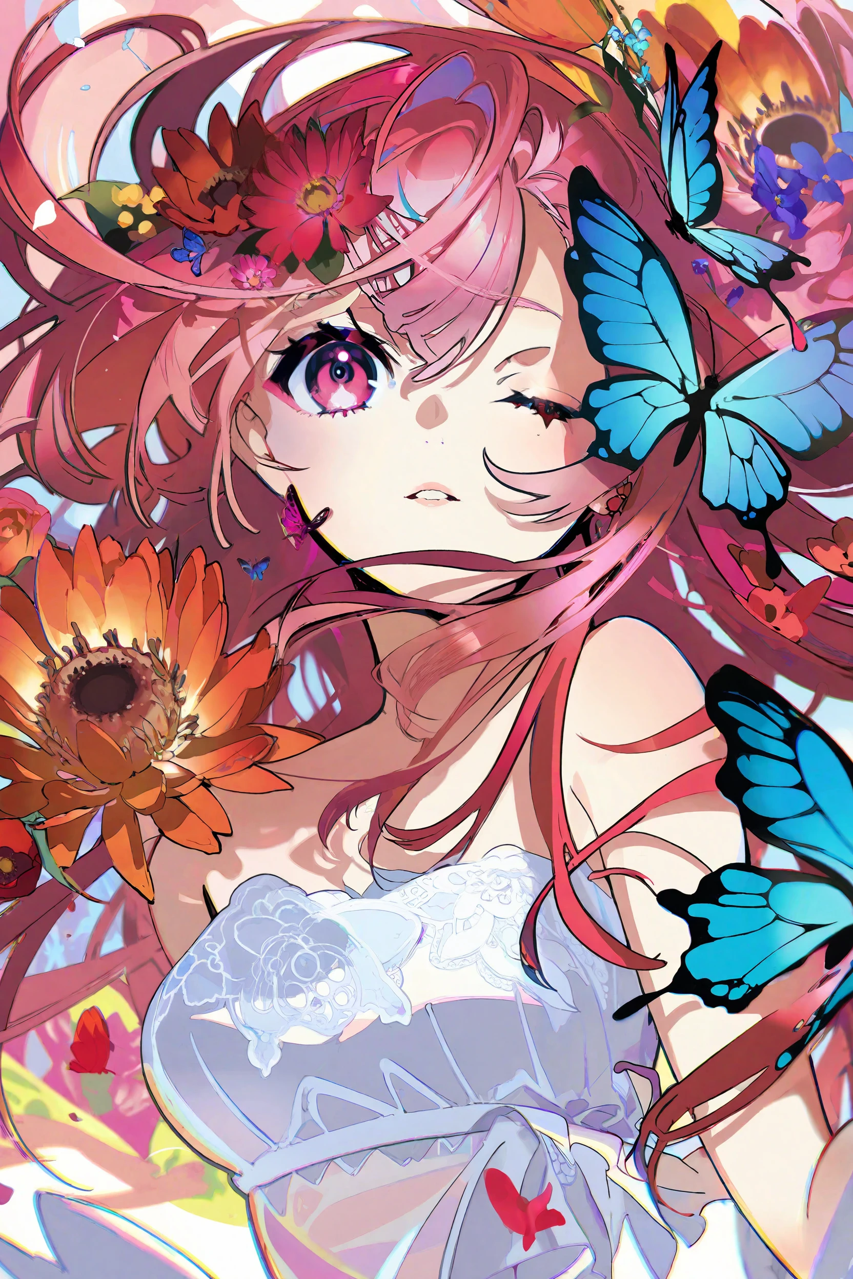 best quality, aesthetic, detailed, by yoneyama mai, colorful, 1girl, solo, upper body, looking at viewer, parted lips, multicolored eyes, pink eyes, one eye covered, flower over eye, eyelashes, long hair, pink hair, red hair, floating hair, multicolored hair, hair flower, hair ornament, bangs, breasts, white dress, dress, bare shoulders, fingernails, nail polish, flower, butterfly, bug, blue butterfly, blue flower, red flower, purple flower, strapless, petals