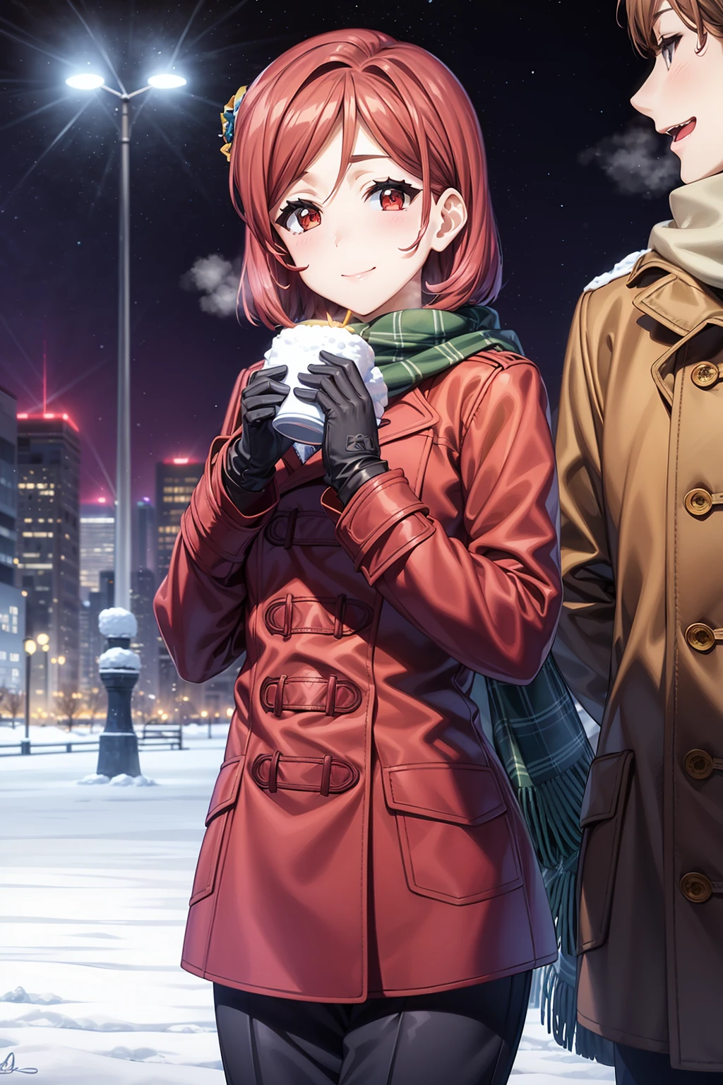 best quality, 1girl, solo, short hair, bangs, brown eyes, red hair, (winter dress, winter coat, winter gloves, scarf, pants:1.1), ariadoa_aria, smile, closed mouth, look at viewer, outdoor, snowy, night, night sky, cities, skyscraper, lights