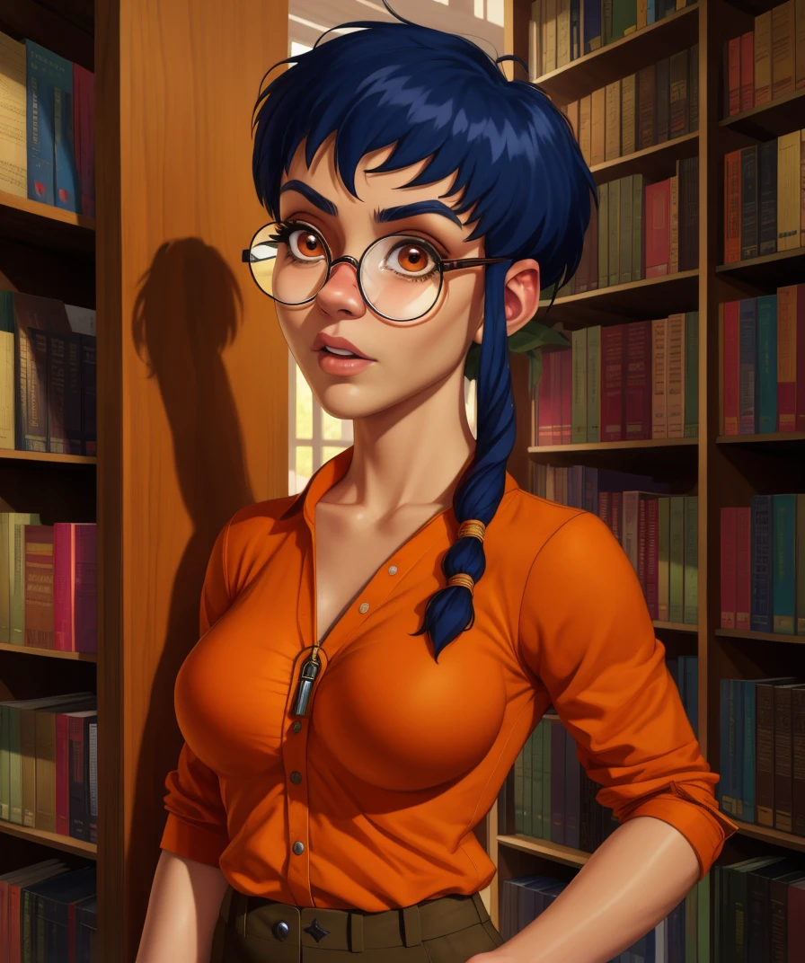 Taranee,short blue hair,hair lock,glasses,brown eyes,
orange shirt,pants,
library,solo,
standing,
(insanely detailed, beautiful detailed face, masterpiece, best quality),<lora:TaraneeCook-10N2:0.8>,