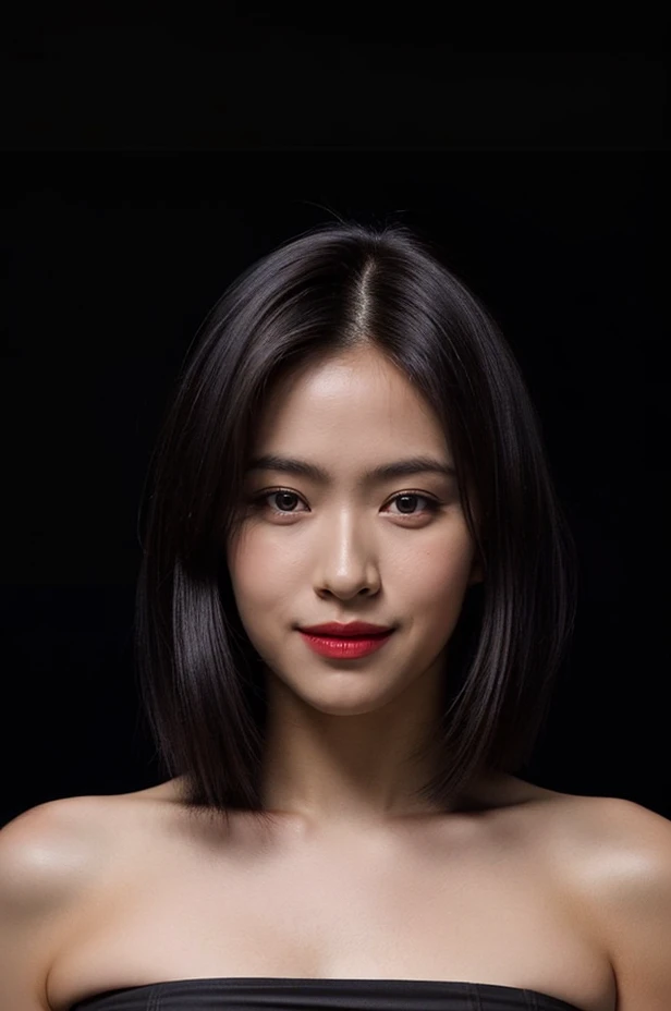 Best quality, masterpiece, ultra high res, (photorealistic:1.4), (extremely detailed eyes), (((strapless))), raw photo, covered chest, 1girl, solo, realistic, (looking at viewer), upper body, ((plain black background:1.5)), (face lighting:1.5), bare shoulders, smile, (((short black hair))), <lora:ryujinlorashy:0.7>