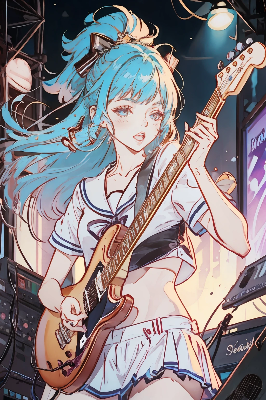 Gorgeous rocker playing electric guitar,She moves to the beat of the music. She enjoys the spectacle,blue hair,serafuku,And the strings of the guitar sound thin underneath it,Graceful fingers. Girl Star. Rock Girl.,
gorgeous rocker playing electric guitar and moving to the beat of the music. she explodes all over her body - enjoying the spectacle,Her hair is loose,And the strings of the guitar sound thin underneath it,Graceful fingers. Famous Girl. Rock Girl.,<lora:Marker Illustration:1>,