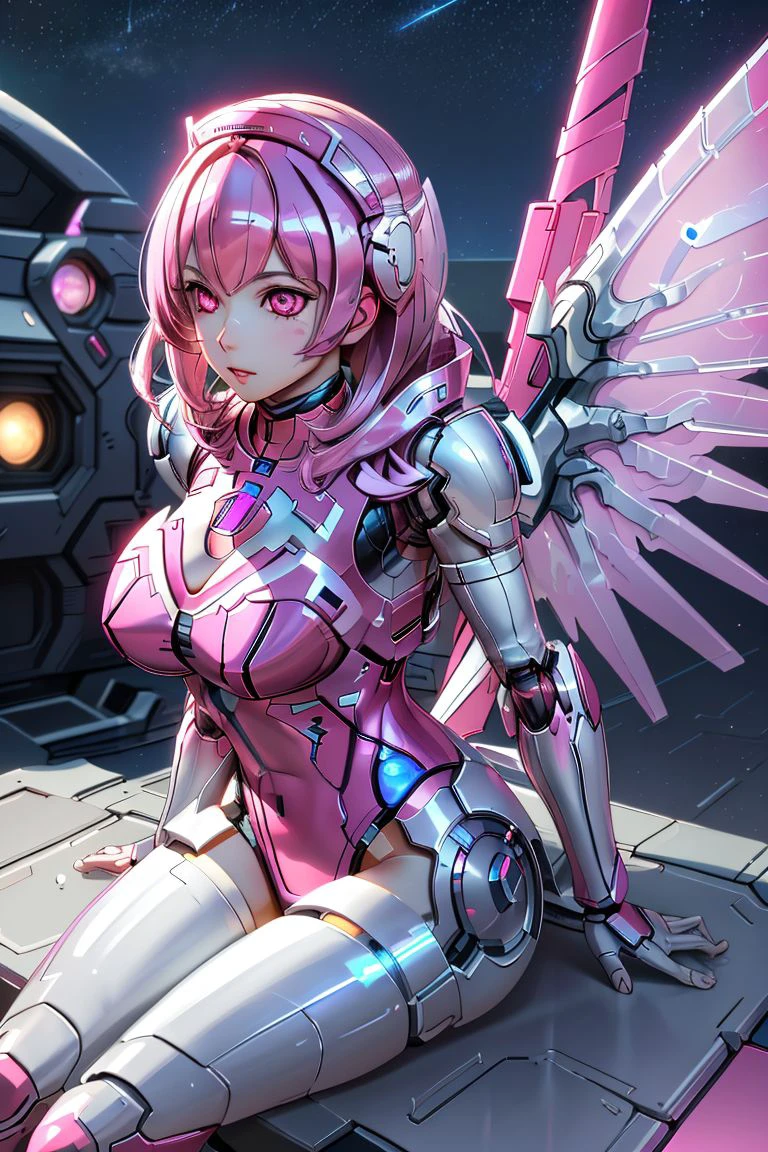 high resolution, masterpiece, high quality, perfect face, <lora:ElenorRaCaseal:.8>, Elenor, (robot, silver metal body), solid pink eyes, pink armor, pink helmet, large breasts, extremely glossy, futuristic city, night time, mechanical wings