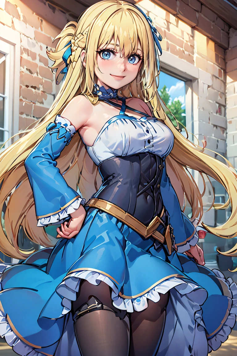 <lora:twistedscarlett60_style:0.8>,((masterpiece,best quality)), <lora:Marina_Lucce_Maxetto_OC_v2:0.8>, Marina_Lucce_Maxetto_OC, 1girl, solo, blonde, very long hair, french braid, blue hair ribbon, frilled choker, criss-cross halter, sleeveless dress, high-waist skirt, blue backless dress, waist bow, detached sleeves, frilled sleeves, wide sleeves, pantyhose, solo, smiling, looking at viewer, cowboy shot, hand on hip,
