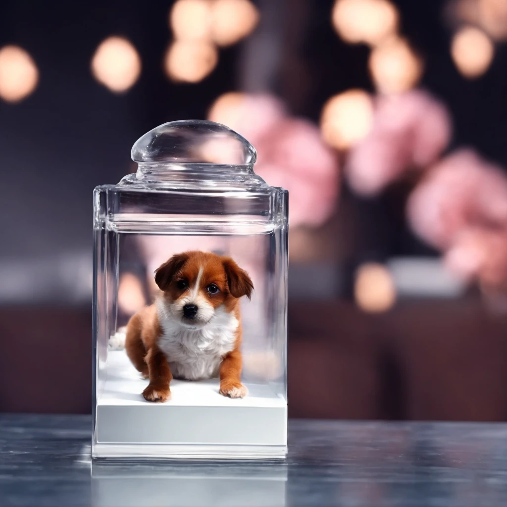 Exquisite face, in a 4k 8k high-definition wallpaper glass jar with a 1 mini flower dog, blurry background, depth of field, no light source at the top, and shadows under the jar,<lora:aquarium:1>